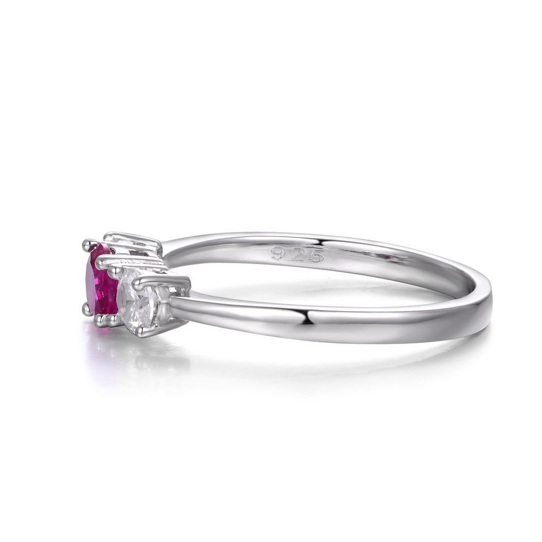 Ladies Sterling Silver Synthetic Ruby & Zircon 3 Stone Ring